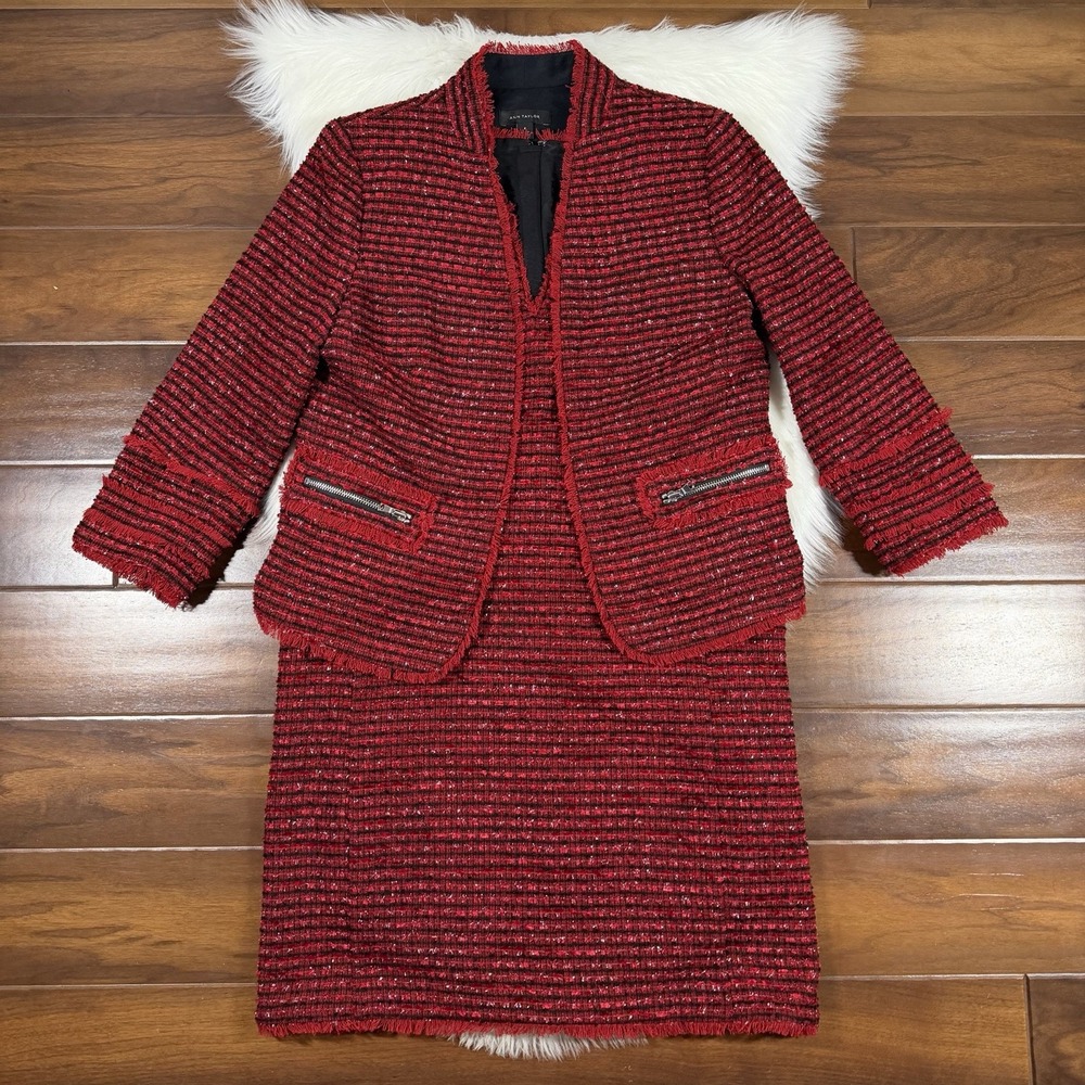 Ann Taylor Size 6 / 8 Red Black Tweed Sleeveless Fringe Dress & Blazer Suit Set